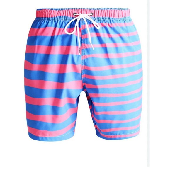 Boardies Mens L Blue Pink Stripe 6" Swim Shorts Elastic Drawstring Waist Pockets - Picture 10 of 10